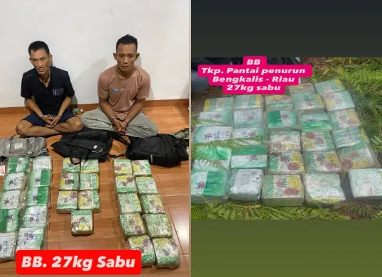 Direktorat Tindak Pidana Narkoba Bareskrim Polri menangkap dua pelak kasus penyelundupan narkotika jenis sabu seberat 27 kilogram dari jaringan Malaysia-Indonesia. (Sumber: Bareskrim Polri)