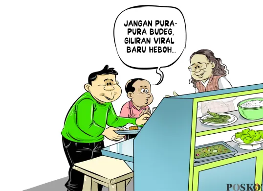 Dua pria tengah berbincang santai di warteg sambil menyantap makanan. Salah satu dari mereka menyindir pejabat dengan kalimat, "Jangan pura-pura budeg, giliran viral baru heboh." (Sumber: Poskota/Arif Setiadi)