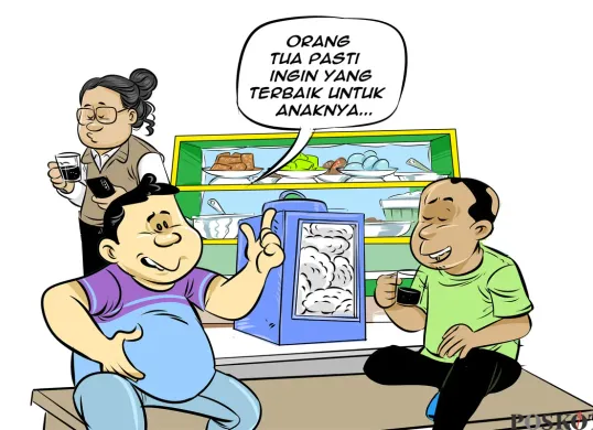Dua pria berbincang santai di warteg sambil menyeruput kopi, membahas perjuangan orangtua demi anak. Di latar belakang, seorang lainnya berdiri sambil memegang minuman. (Sumber: Poskota/Arif Setiadi)