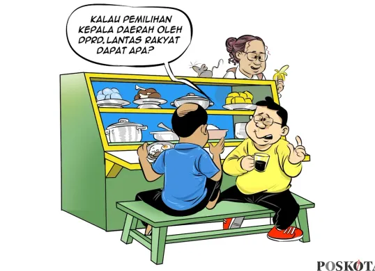 Tiga sahabat berdiskusi santai di warteg membahas wacana pemilihan kepala daerah oleh DPRD. Salah satu dari mereka mempertanyakan, “Kalau pemilihan kepala daerah oleh DPRD, lantas rakyat dapat apa?” (Sumber: Poskota/Arif Setiadi)