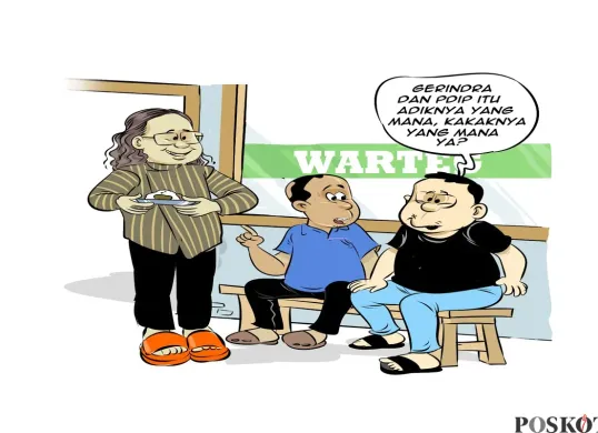 Obrolan santai di warteg membahas hubungan politik antara Gerindra dan PDIP yang diibaratkan seperti adik dan kakak. Ketiganya penasaran, siapa sebenarnya sang kakak dan siapa sang adik? (Sumber: Poskota/Arif Setiadi)