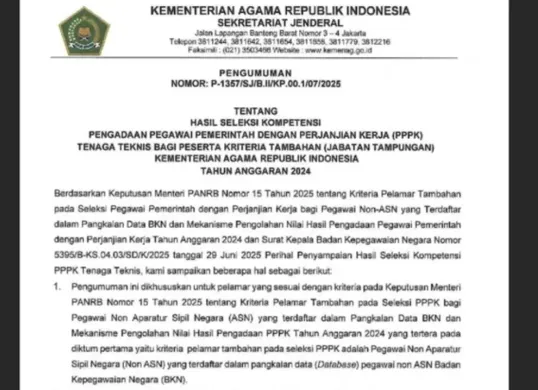 Resmi Diumumkan! Hasil Seleksi Kompetensi PPPK Kemenag Jabatan Tampungan Kriteria Tambahan (Sumber: Screenshot/kemenag.go.id)