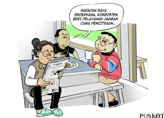 Ilustrasi obrolan warteg tiga sahabat yang menyinggung soal pentingnya pemimpin yang konsisten melayani rakyat, bukan sekadar pencitraan. Kritik tajam disampaikan sambil santai minum kopi dan membaca koran. (Sumber: Poskota/Arif Setiadi)