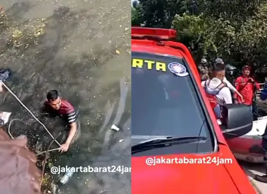 Tangkap layar proses evakuasi seorang pria yang ditemukan meninggal setelah tercebur ke Kali Cengkareng Drain, Jakarta Barat, pada Sabtu, 26 Juli 2025.
