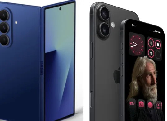 Ilustrasi perbandingan Samsung Galaxy Z Fold7 vs iPhone 16. (Sumber: Samsung dan iBox)