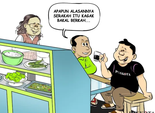 Tiga orang sahabat tengah berbincang santai di warteg sambil menyeruput kopi, membahas soal keserakahan. Salah satu dari mereka menegaskan, "Apa pun alasannya, serakah itu kagak bakal berkah." (Sumber: Poskota/Arif Setiadi)