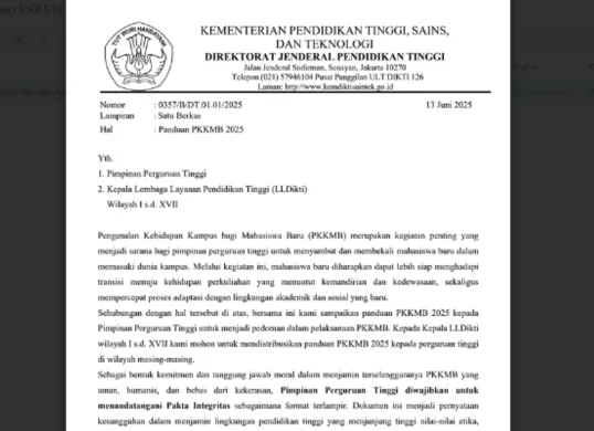 Panduan lengkap PKKMB 2025 syarat pakta integritas, link download PDF, dan aturan orientasi humanis untuk kampus. Info resmi KemendiktiSaintek. (Sumber: kemdiktisaintek.go.id)