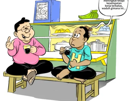 Ilustrasi obrolan warteg membahas masalah ketimpangan kesempatan kerja di tengah meningkatnya jumlah angkatan kerja. Diskusi ringan ini mencerminkan keresahan warga soal ekonomi kota yang makin sulit. (Sumber: Poskota/Arif Setiadi)