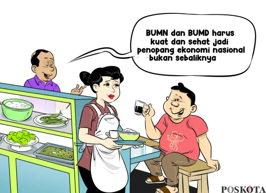 Obrolan santai di warteg: Dua sahabat berdiskusi soal pentingnya BUMN dan BUMD yang kuat serta sehat sebagai penopang ekonomi nasional, bukan sebaliknya. (Sumber: Poskota/Arif Setiadi)
