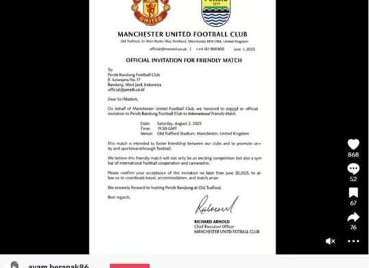 Unggahan viral akun TikTok @ayam.beranak86 yang menyebutkan pertandingan Persib Bandung vs Manchester United. (Sumber: Tiktok/@ayam.beranak86)