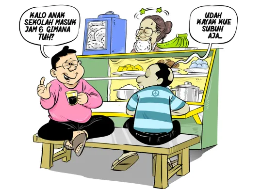 Bapak-bapak sedang ngobrol santai di warteg sambil membahas jam masuk sekolah yang terlalu pagi. (Sumber: Poskota/Arif Setiadi)