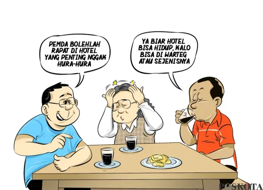 Bung Heri, Mas Bro, dan Bang Yudi sedang membicarakan kebijakan pemerintah pusat yang kini telah memperbolehkan kembali setiap pemda untuk menggelar kegiatan seperti rapat, seminar, dan lainnya di hotel. (Sumber: Poskota/Arif Setiadi)