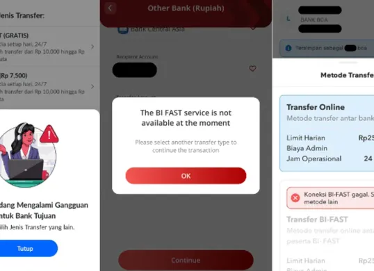 Tangkapan layar pengguna layanan BI-Fast, yang sementara tidak bisa digunakan 6-7 Juni 2025. (Sumber: X/@parasantique, @CCANOY_, dan @bunnyofloyen)