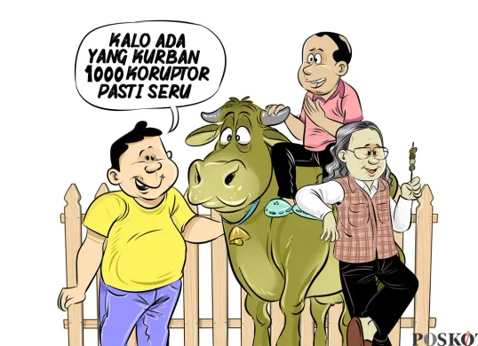 Ilustrasi - Tiga pria sedang bercengkerama di dekat seekor sapi kurban. Salah satu dari mereka melontarkan sindiran tajam bertuliskan, “Kalo ada yang kurban 1000 koruptor pasti seru,”. (Sumber: Poskota/Arif Setiadi)