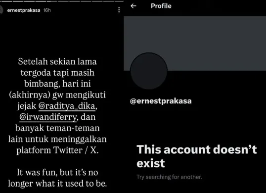 Ernest Prakasa menghapus akun X miliknya. (Sumber: X)