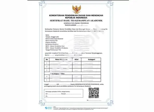 Ilustrasi sertifikat TKA. (Sumber: jdih.kemendikdasmen.go.id)