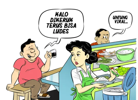 Ilustrasi obrolan di warteg yang menyindir praktik eksploitasi sumber daya alam secara berlebihan. "Kalau dikeruk terus bisa ludes," celetuk salah satu pengunjung sambil menyeruput kopi. (Sumber: Poskota/Arif Setiadi)