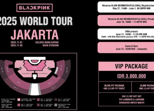 Panduan lengkap beli tiket BLACKPINK World Tour 2025 di Jakarta, jadwal konser 1-2 November, harga semua kategori. (Sumber: Instagram/@ime_indonesia)