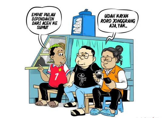Tiga sekawan sedang berbincang santai di warteg membahas polemik pemindahan empat pulau dari Aceh ke Sumatera Utara. Obrolan mereka diselingi humor dengan membandingkan isu ini dengan kisah legenda Roro Jonggrang. (Sumber: Poskota/Arif Setiadi)
