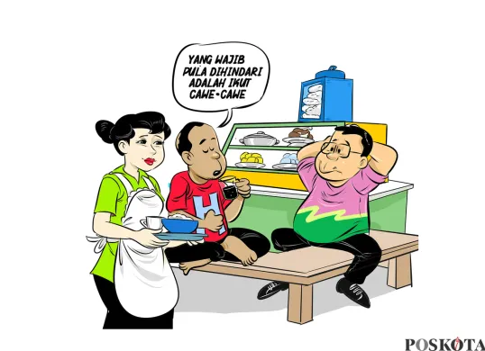 Ilustrasi obrolan santai sahabat di warteg. Seorang pria berbaju merah menyampaikan pandangan soal pentingnya menghindari ikut campur alias cawe-cawe dalam politik, sambil menikmati kopi hitam. (Sumber: Poskota/Arif Setiadi)