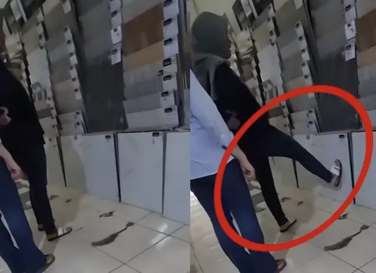 Potret pembeli keramik tunjuk pakai kaki viral, identitas customer songong diburu netizen TikTok. (Sumber: TikTok/@kangdennyofficial)