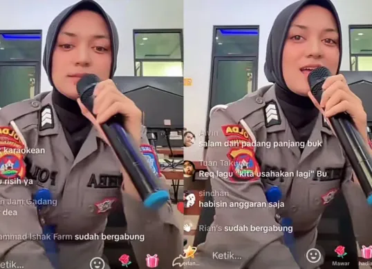 Sosok polwan yang viral lakukan live TikTok sambil nyanyi saat jam kerja. (Sumber: TikTok/@haris.james6)