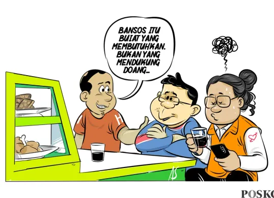 Ilustrasi obrolan warteg yang menyentil praktik tidak adil dalam penyaluran bantuan sosial (bansos) di desa. Seorang warga menyuarakan pendapat bahwa bansos seharusnya diberikan kepada yang membutuhkan. (Sumber: Poskota/Arif Setiadi)