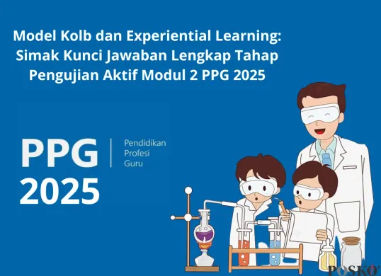 Ilustrasi guru dan siswa sedang melakukan eksperimen sains di laboratorium menggambarkan tahap Pengujian Aktif dalam siklus Kolb. (Sumber: Poskota/Yusuf Sidiq)