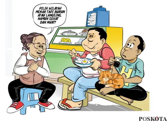 Tiga sahabat sedang berbincang santai di warteg sambil menikmati makanan dan minuman. Salah satu dari mereka menyampaikan pertanyaan tajam tentang pemekaran wilayah dengan gaya humor. (Sumber: Poskota/Arif Setiadi)