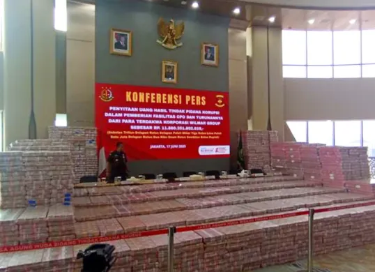 Potret uang sitaan kasus korupsi ekspor CPO Wilmar Group. (Sumber: X/jaksapedia)
