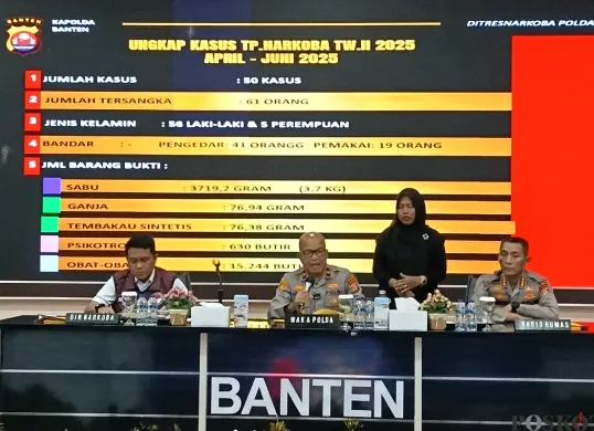 Wakapolda Banten Brigjen Pol Hengki didampingi Kabid Humas Kombes Didik Heriyanto dan Dirresnarkoba AKBP Wiwin Setiawan saat konferensi pers. (Sumber: POSKOTA | Foto: Rahmat Haryono)
