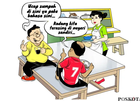 Dua pria bersantai di warteg menyindir penggunaan bahasa asing saat sumpah jabatan. Mereka menilai hal itu membuat warga merasa asing di negeri sendiri. (Sumber: Poskota/Arif Setiadi)