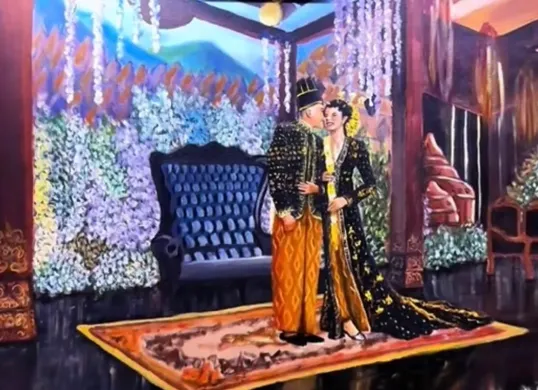 Lukisan live wedding di pesta ngunduh mantu Al Ghazali dan Alyssa Daguise. (Sumber: TikTok/@azmi_sketcher)