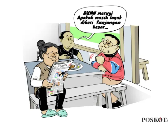 Warga berdiskusi santai di warteg sambil membaca berita di koran Poskota. Mereka mempertanyakan kelayakan tunjangan besar direksi BUMN yang merugi. (Sumber: Poskota/Arif Setiadi)