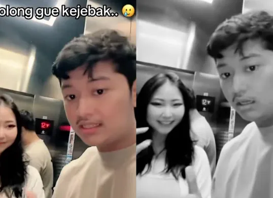 Tangkapan video viral Ello MG dan Msbreewc yang terjebak di lift. (Sumber: TikTok/ellomgxmsbrewzoom)