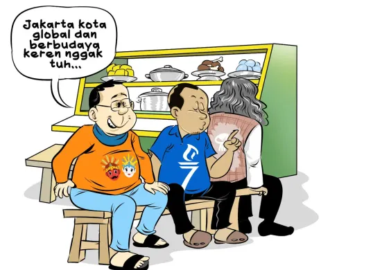 Tiga pria duduk santai di warteg sambil berbincang soal Jakarta yang disebut sebagai kota global dan berbudaya. Salah satu dari mereka tampak antusias menunjukkan kebanggaan. (Sumber: Poskota/Arif Setiadi)
