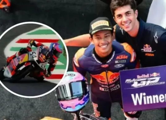 Pembalap muda Veda Ega Pratama berhasil memenangkan kompetisi Red Bull Rookies Cup 2025, Italia. (Sumber: Instagram/@veda_54)