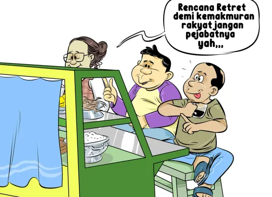 Tiga warga duduk santai di warteg sambil membahas rencana retret pejabat. Salah satu dari mereka menyindir, berharap program tersebut benar-benar untuk rakyat, bukan demi kenyamanan pejabat. (Sumber: Poskota/Arif Setiadi)