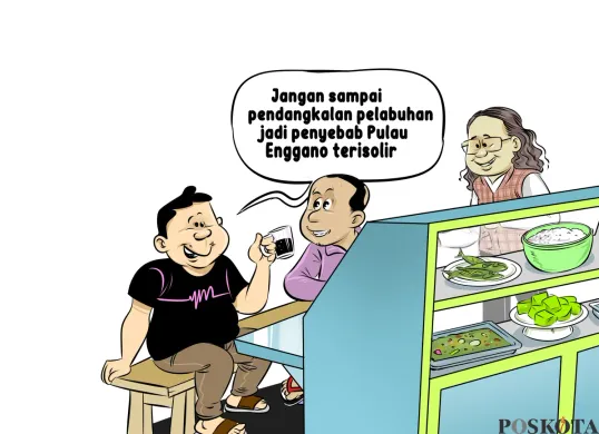 Dua pria sedang berbincang santai di warteg sambil menyeruput kopi, membahas isolasi Pulau Enggano akibat pendangkalan pelabuhan. Di balik etalase, terlihat penjual warteg tersenyum menyimak obrolan mereka. (Sumber: Poskota/Arif Setiadi)