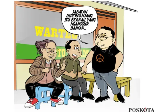 Tiga sahabat ngobrol santai di warteg membahas perpanjangan masa jabatan usai putusan MK. Salah satu dari mereka melontarkan sindiran, “Jabatan diperpanjang itu berkah. Yang nganggur banyak…” (Sumber: Poskota/Arif Setiadi)