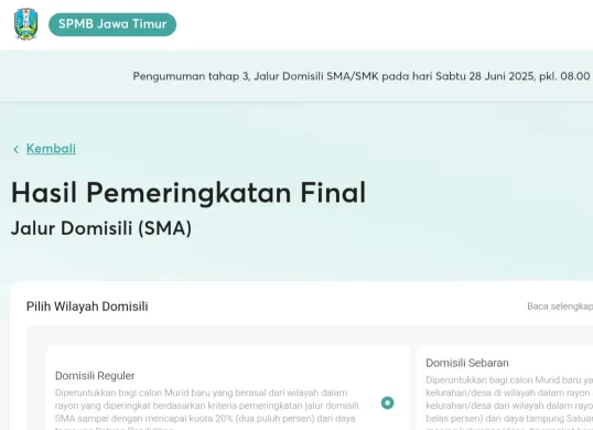 Cek pengumuman kelulusan SPMB Jatim 2025 Tahap 3 lewat Jalur Domisili. (Sumber: Website/spmbjayim.net)