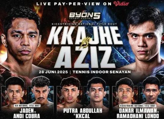 Aziz “The Crauzer” Calim melontarkan ucapan “tak antemi parlente” saat sesi face-to-face melawan Jekson “Kkajhe” Karmela di Byon Combat Showbiz 5, Sabtu 28 Juni 2025. Frasa ini viral dan menambah tensi pertandingan. (Sumber: Dok/Byon Combat)