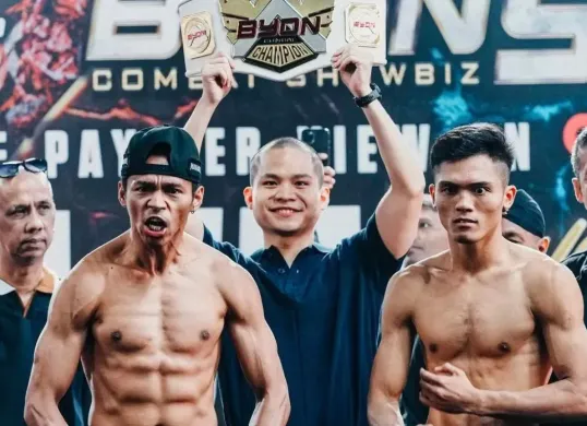 Kkajhe dan Aziz Calim saat face off jelang duel keduanya di Byon Combat 5. (Sumber: Instagram/@byoncombat)