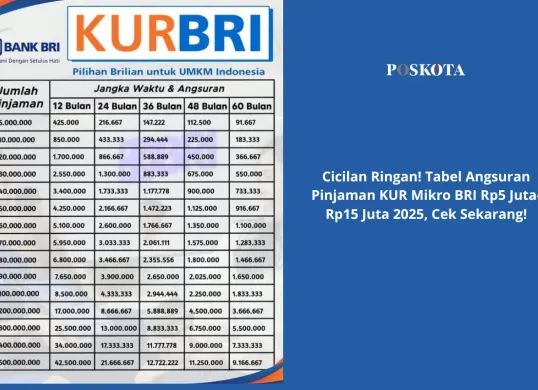 Tabel angsuran KUR Bank BRI 2025 untuk pinjaman Rp5 juta hingga Rp15 juta. (Sumber: Poskota/Yusuf Sidiq)