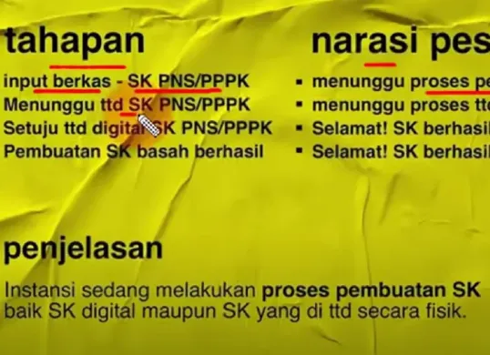 Proses penetapan NIP CPNS dan P3K melibatkan beberapa tahapan, mulai dari pengusulan hingga penandatanganan SK. Pantau terus perkembangannya melalui Mola BKN! (Sumber: Youtube/@Calon Guru)