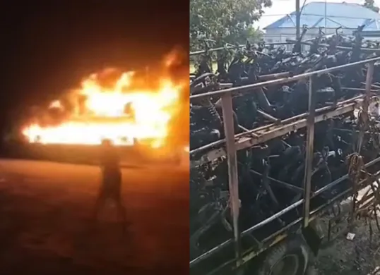 Momen truk pengangkut motor di Labuhanbatu Selatan terbakar. (Sumber: Tangkap Layar Instagram/@funnelmedia)