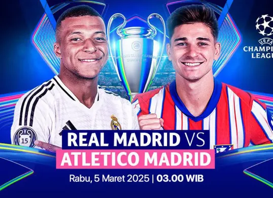 Link live streaming Real Madrid vs Atletico Madrid di leg 1 babak 16 besar Liga Champions Eropa 2024-25. (Sumber: Vidio)