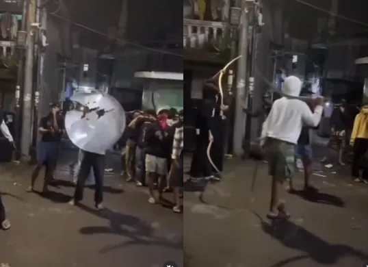 Beredar video viral yang memperlihatkan aksi emak-emak berhasil bubarkan sekelompok remaja yang hendak tawuran di Jakarta Utara. (Sumber: Instagram/@medsoszone)