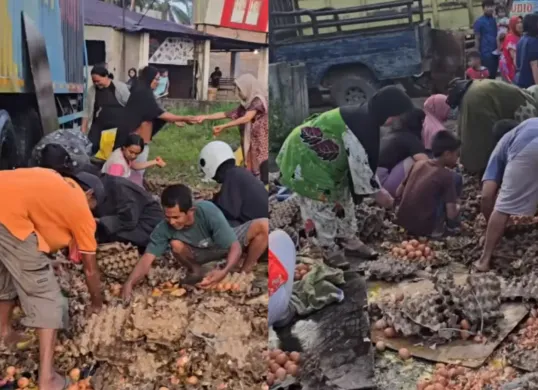 Warga Labuhanbatu Selatan, Sumatera Utara menjarah telur hingga HP milik korban dari kecelakaan mobil pikap. (Sumber: Tangkap Layar Instagram/@fakta.indo)