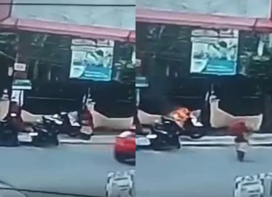 Beredar video viral oknum polisi tendang wanita ODGJ yang diduga menyiramkan bensin hingga membakar sepeda motor miliknya. (Sumber: Tangkap layar Instagram/@medsoszone)